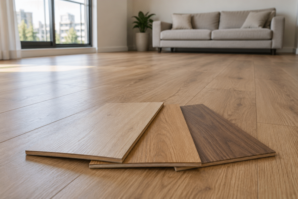 Amostras de piso laminado em diferentes tons de madeira para apartamento