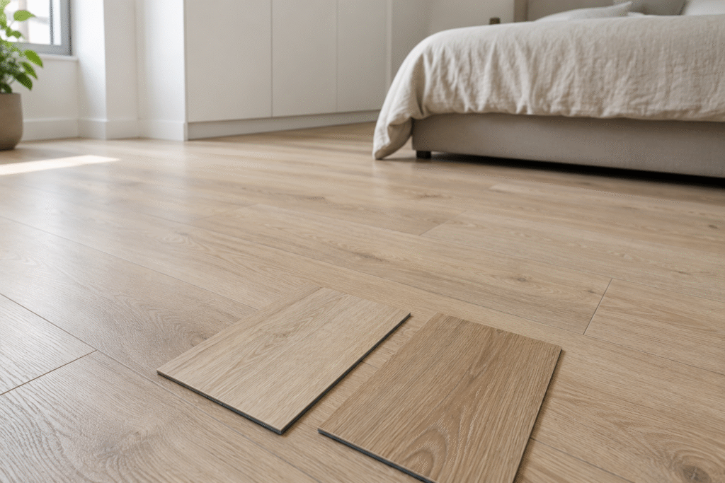 Amostras de piso vinílico sobre o revestimento de um quarto de apartamento
